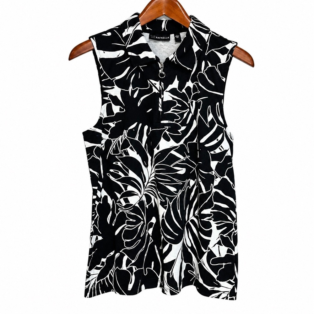 NWOT Rafaella Womens Black White Tropical Leaf Quarter Zip Sleeveless Top Large